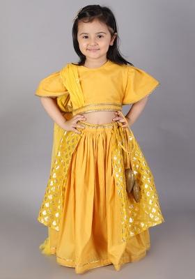 Mustard Yellow Embroidered Organza Lehngas For Girls