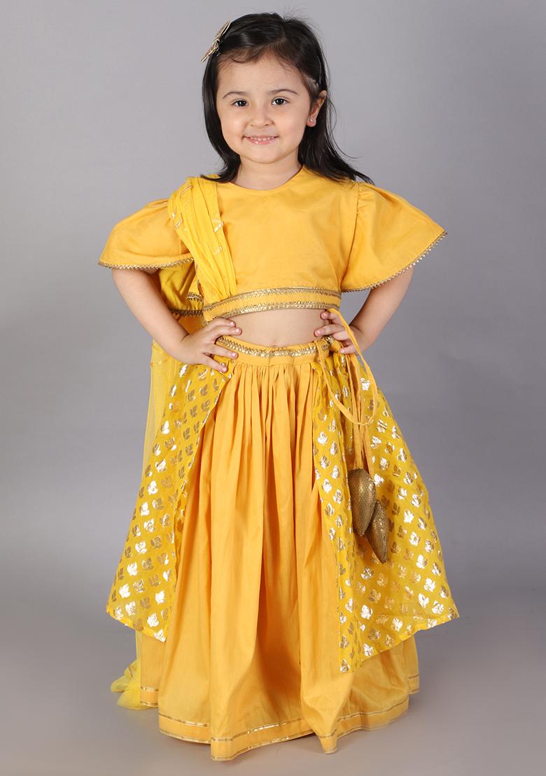 Mustard Yellow Embroidered Organza Lehngas For Girls