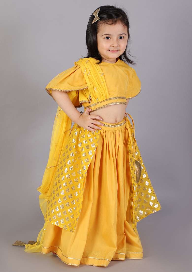 Mustard Yellow Embroidered Organza Lehngas For Girls - Indya
