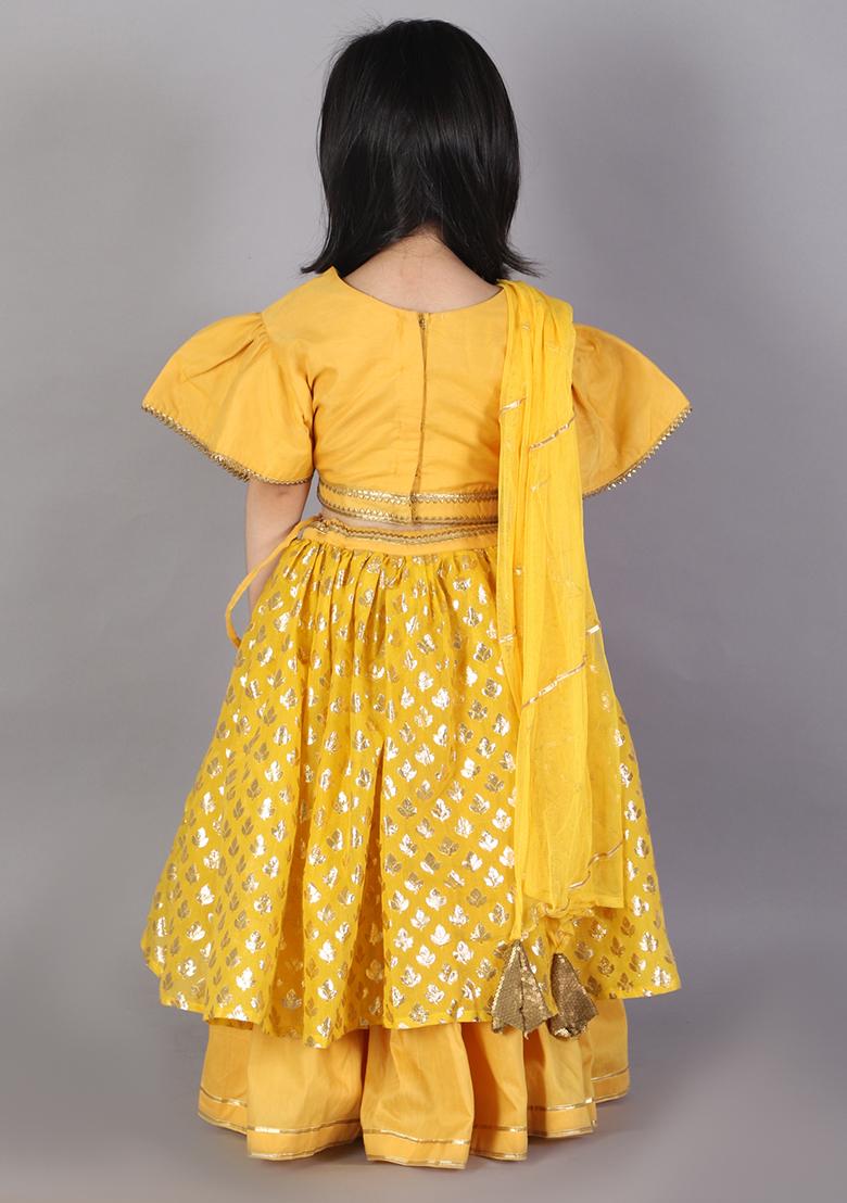 Mustard Yellow Embroidered Organza Lehngas For Girls