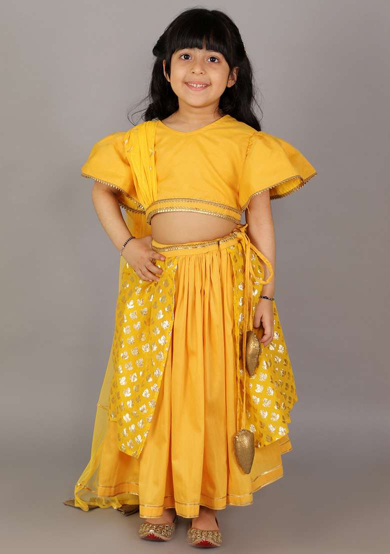 Mustard Yellow Embroidered Organza Lehngas For Girls - Indya