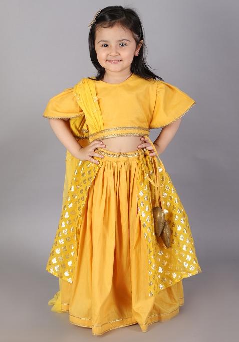 Mustard Yellow Embroidered Organza Lehngas For Girls