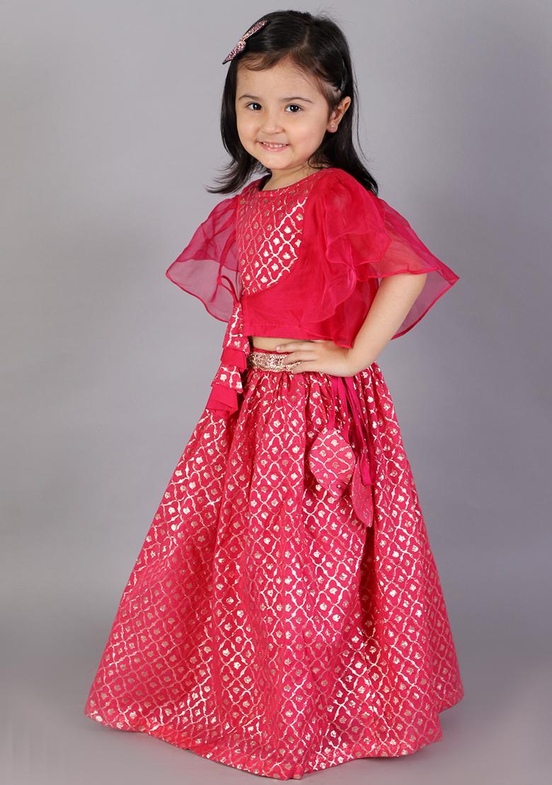 Fuschia Pink Embroidered Organza Lehngas For Girls