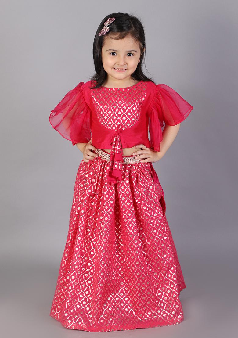 Fuschia Pink Embroidered Organza Lehngas For Girls