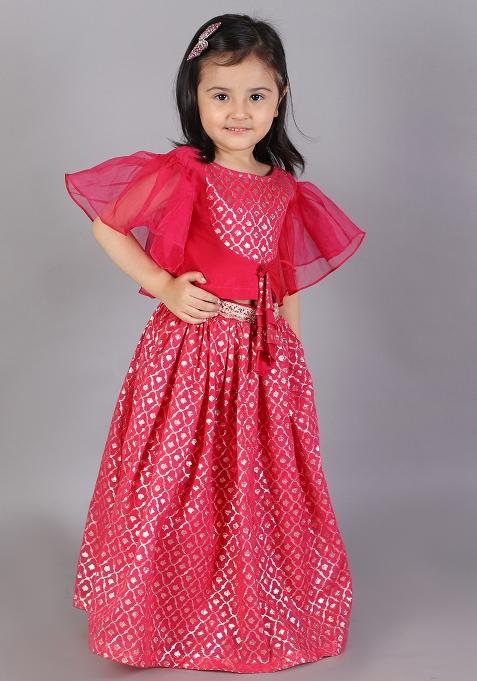 Fuschia Pink Embroidered Organza Lehngas For Girls