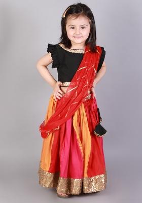 Black Embroidered Cotton Silk Lehngas For Girls