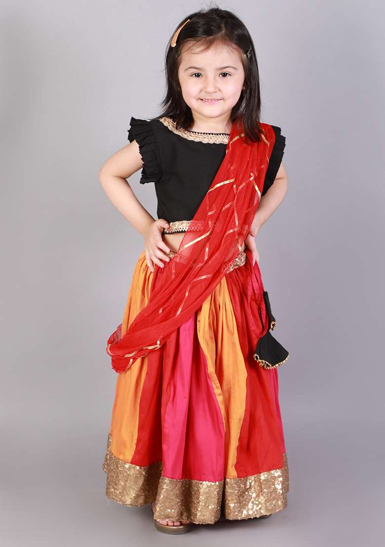 Black Embroidered Cotton Silk Lehngas For Girls - Indya