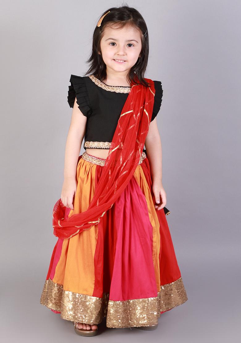 Black Embroidered Cotton Silk Lehngas For Girls