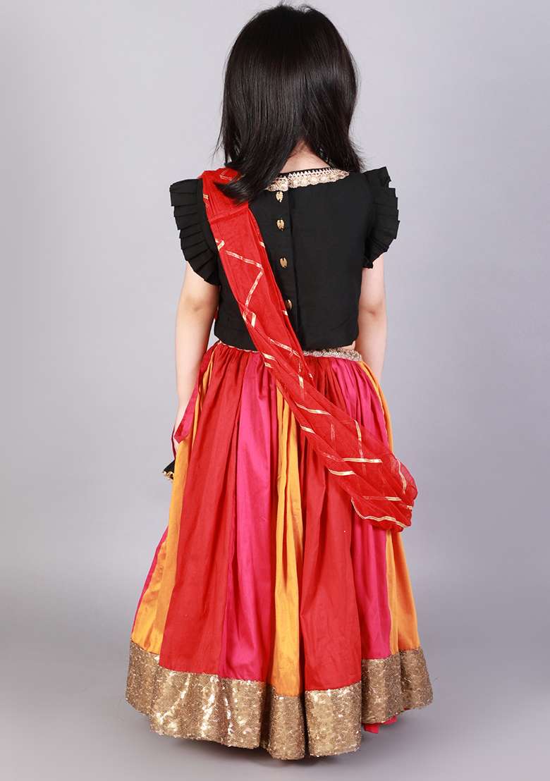 Black Embroidered Cotton Silk Lehngas For Girls - Indya