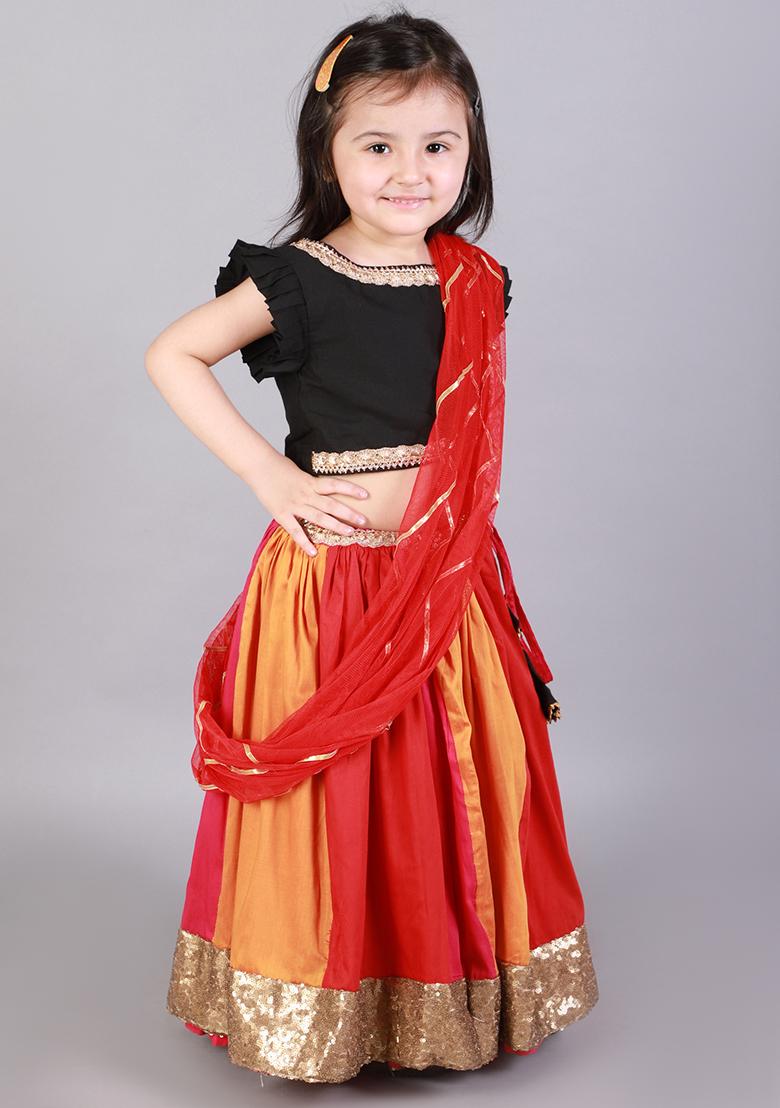 Black Embroidered Cotton Silk Lehngas For Girls