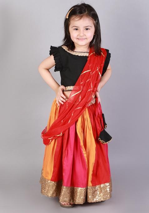 Black Embroidered Cotton Silk Lehngas For Girls