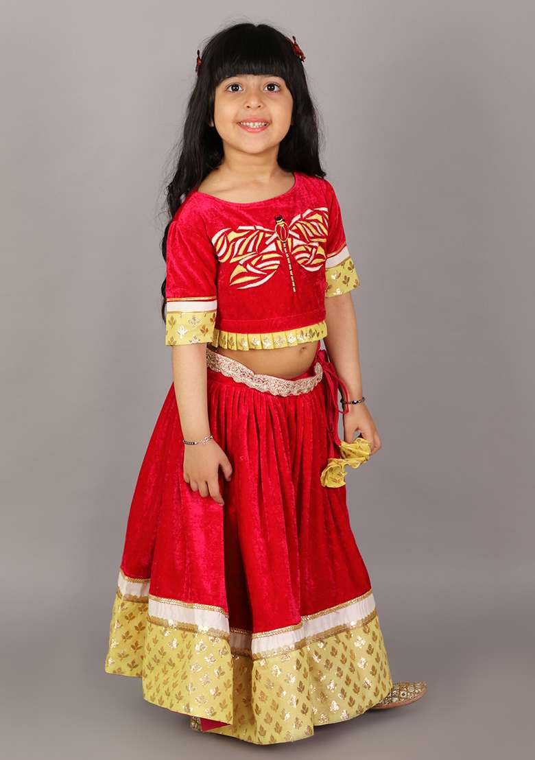 Pink Embroidered Velvet Lehngas For Girls - Indya