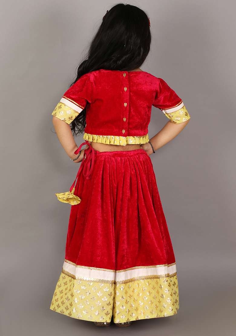 Pink Embroidered Velvet Lehngas For Girls - Indya