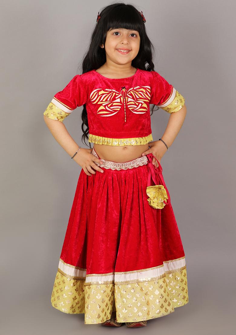 Pink Embroidered Velvet Lehngas For Girls