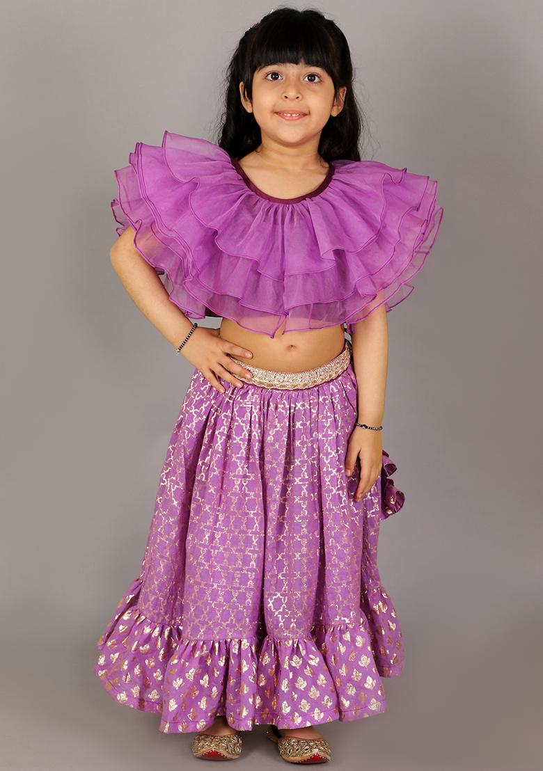Purple Embroidered Organza Lehngas For Girls