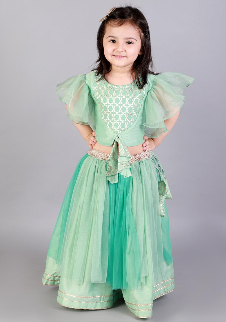 Green Embroidered Organza Lehngas For Girls