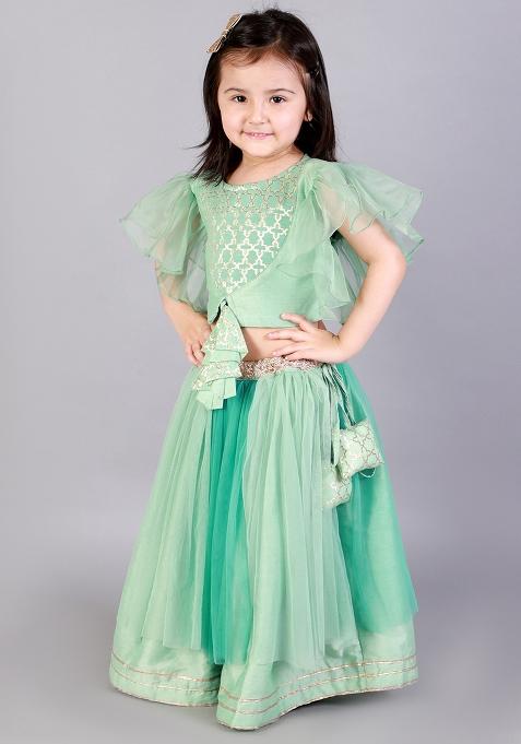 Green Embroidered Organza Lehngas For Girls