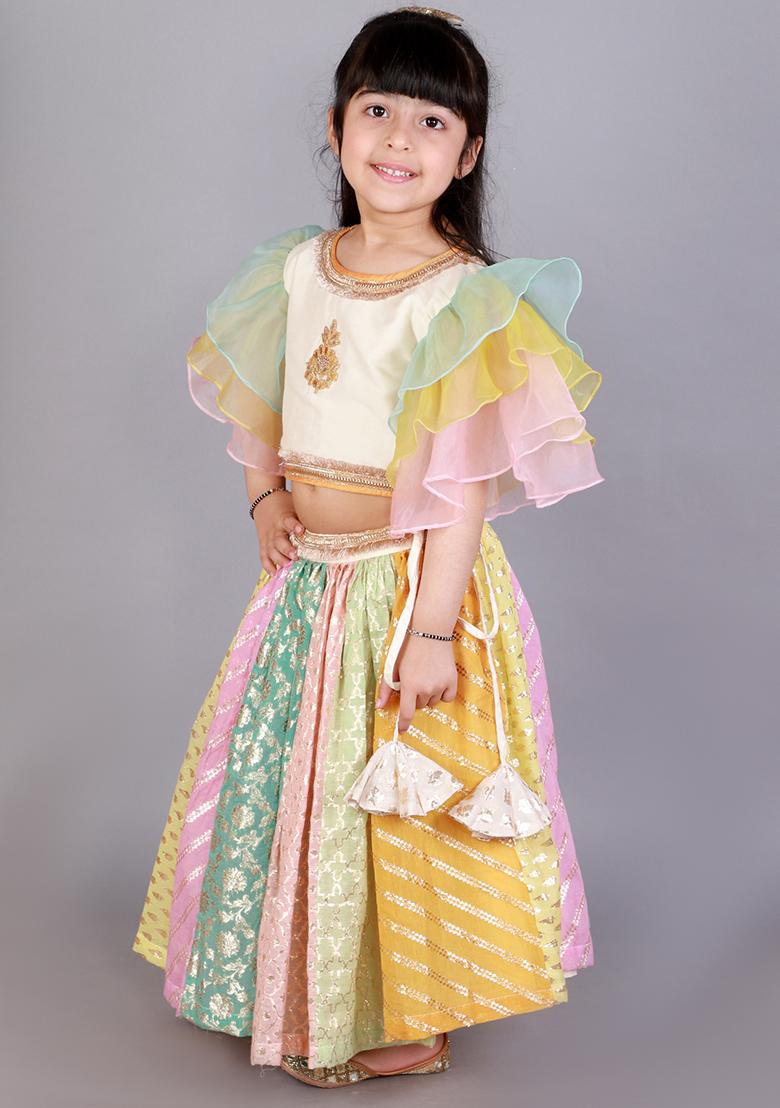 Off White Embroidered Organza Lehngas For Girls