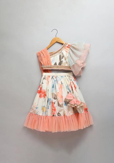Off White Embroidered Organza Lehngas For Girls