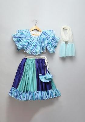 Blue Embroidered Organza Lehngas For Girls
