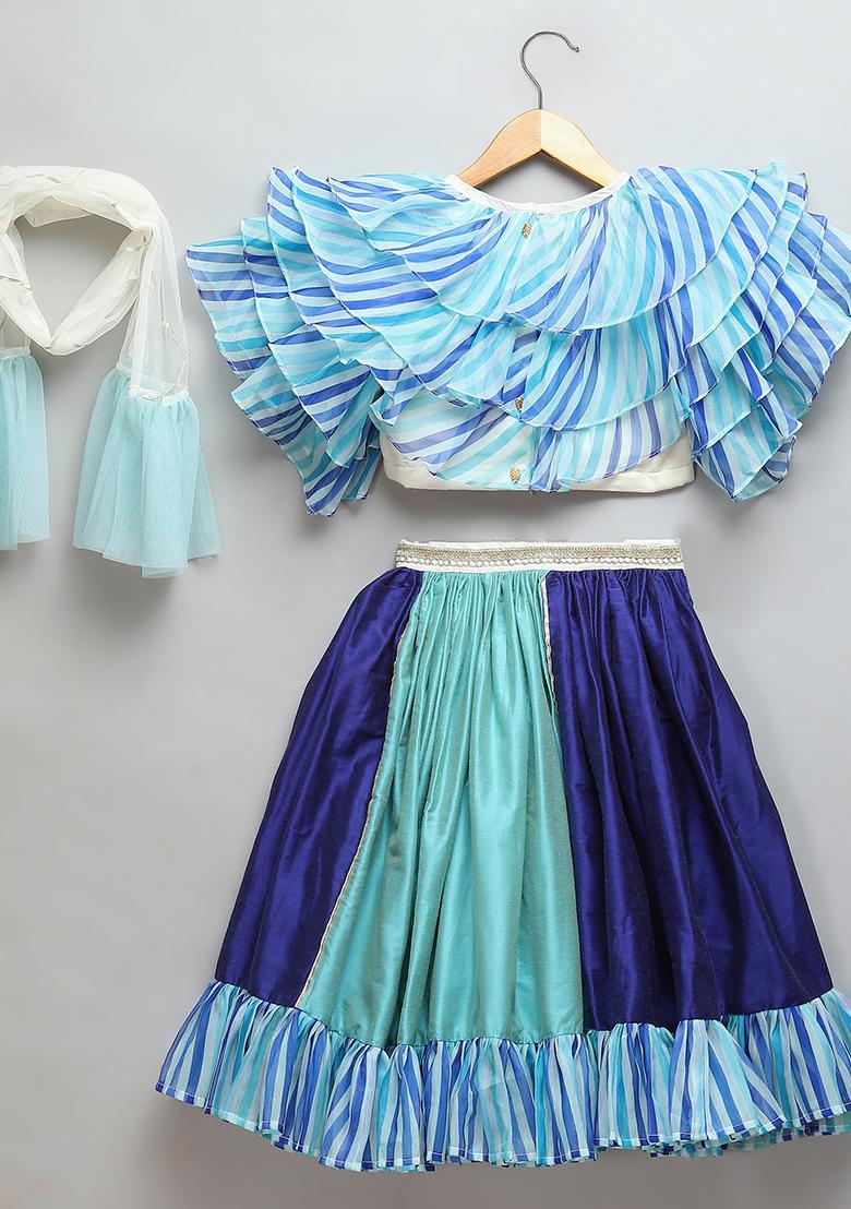 Blue Embroidered Organza Lehngas For Girls