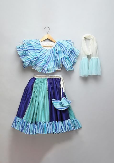 Blue Embroidered Organza Lehngas For Girls