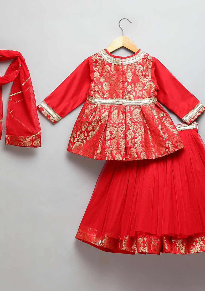 Red Embroidered Brocode Lehngas For Girls
