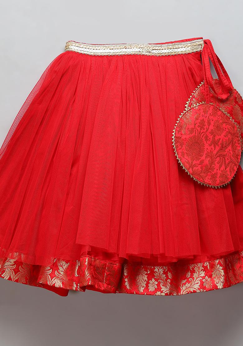 Red Embroidered Brocode Lehngas For Girls