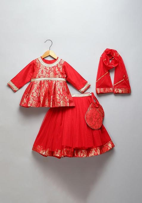 Red Embroidered Brocode Lehngas For Girls