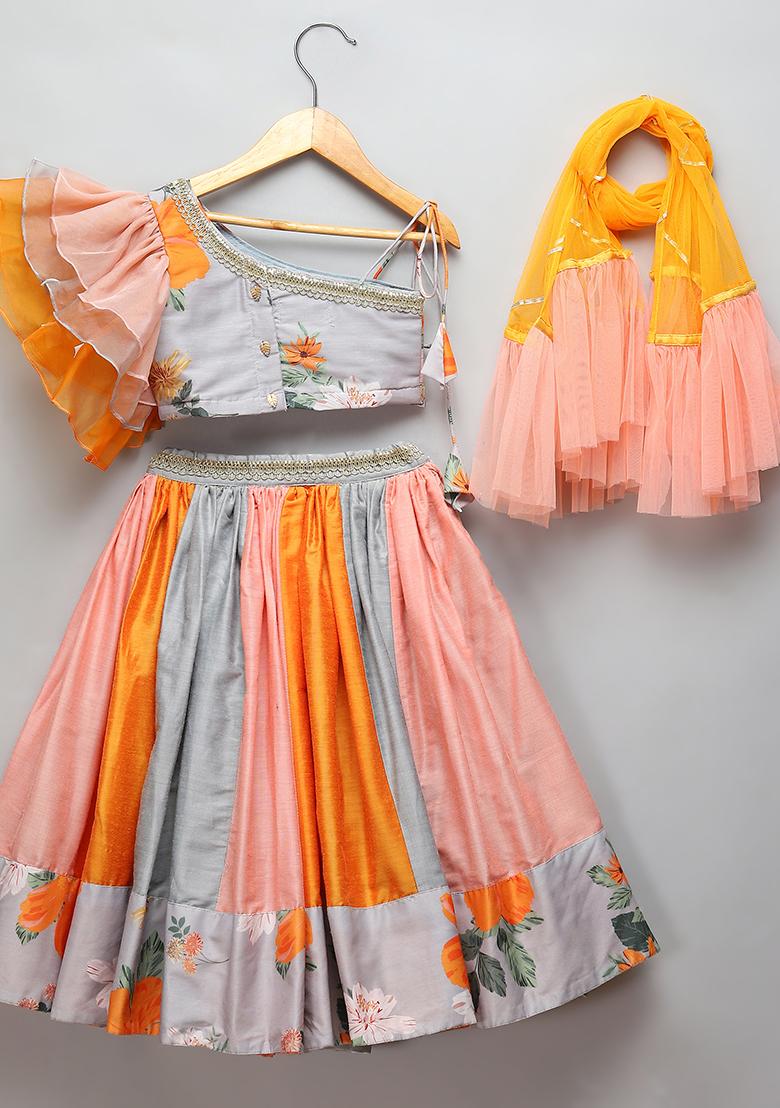 Grey Embroidered Organza Lehngas For Girls