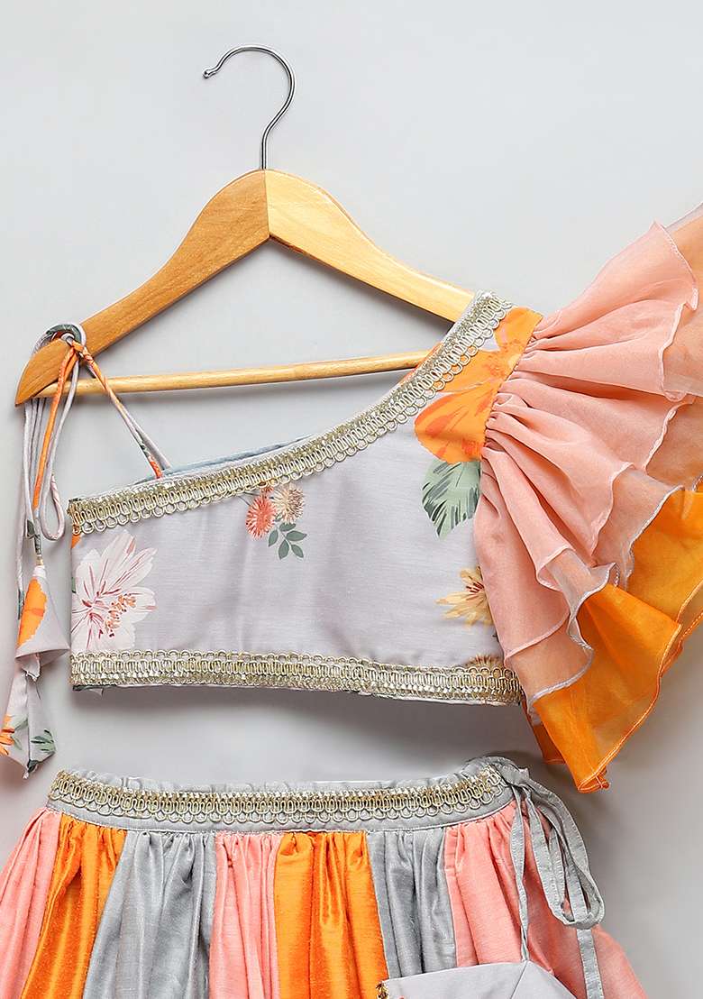 Grey Embroidered Organza Lehngas For Girls - Indya