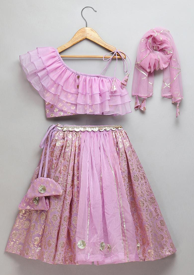 Lavendar Embroidered Organza Lehngas For Girls