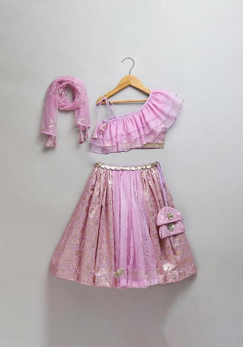 Lavendar Embroidered Organza Lehngas For Girls