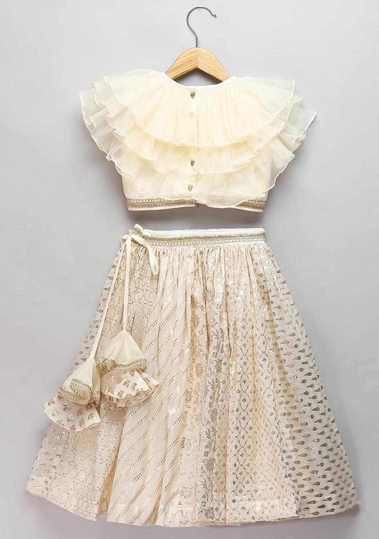 Off White Embroidered Organza Lehngas For Girls