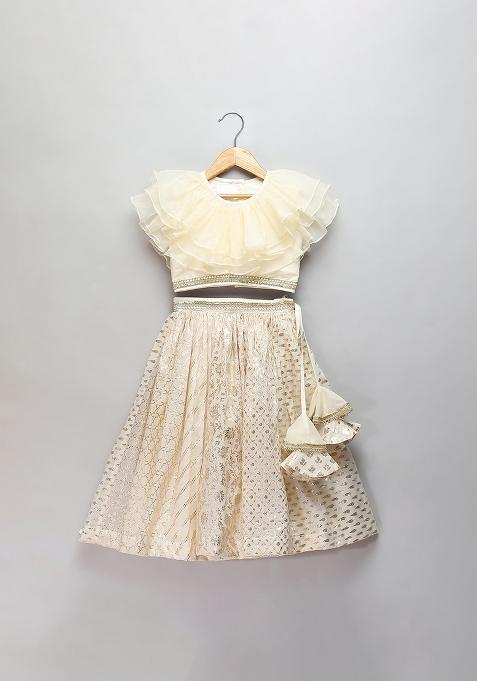 Off White Embroidered Organza Lehngas For Girls
