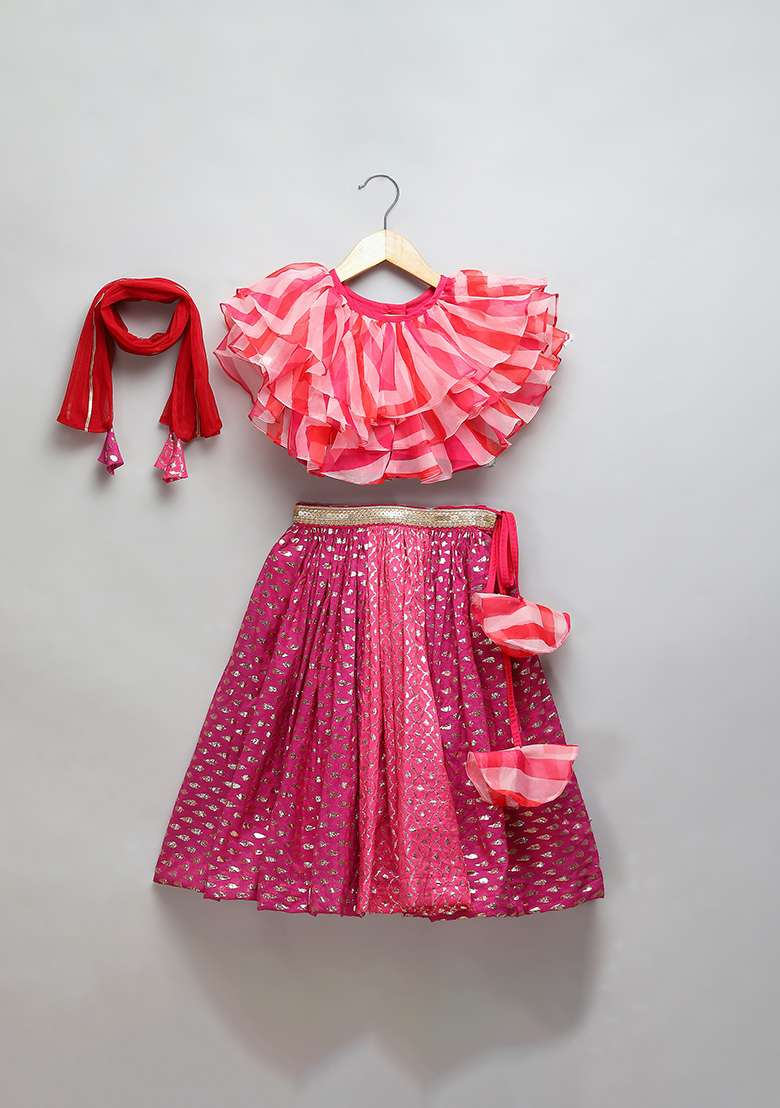 Pink Embroidered Organza Lehngas For Girls - Indya