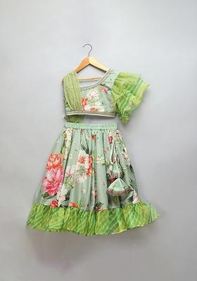 Green Printed Organza Lehngas For Girls