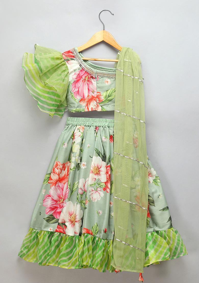 Green Printed Organza Lehngas For Girls