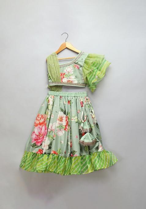 Green Printed Organza Lehngas For Girls
