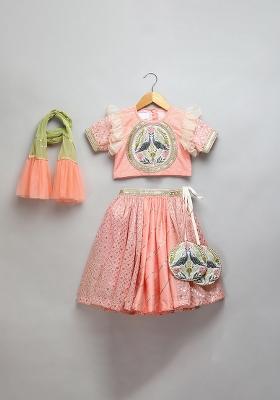 Peach Embroidered Organza Lehngas For Girls