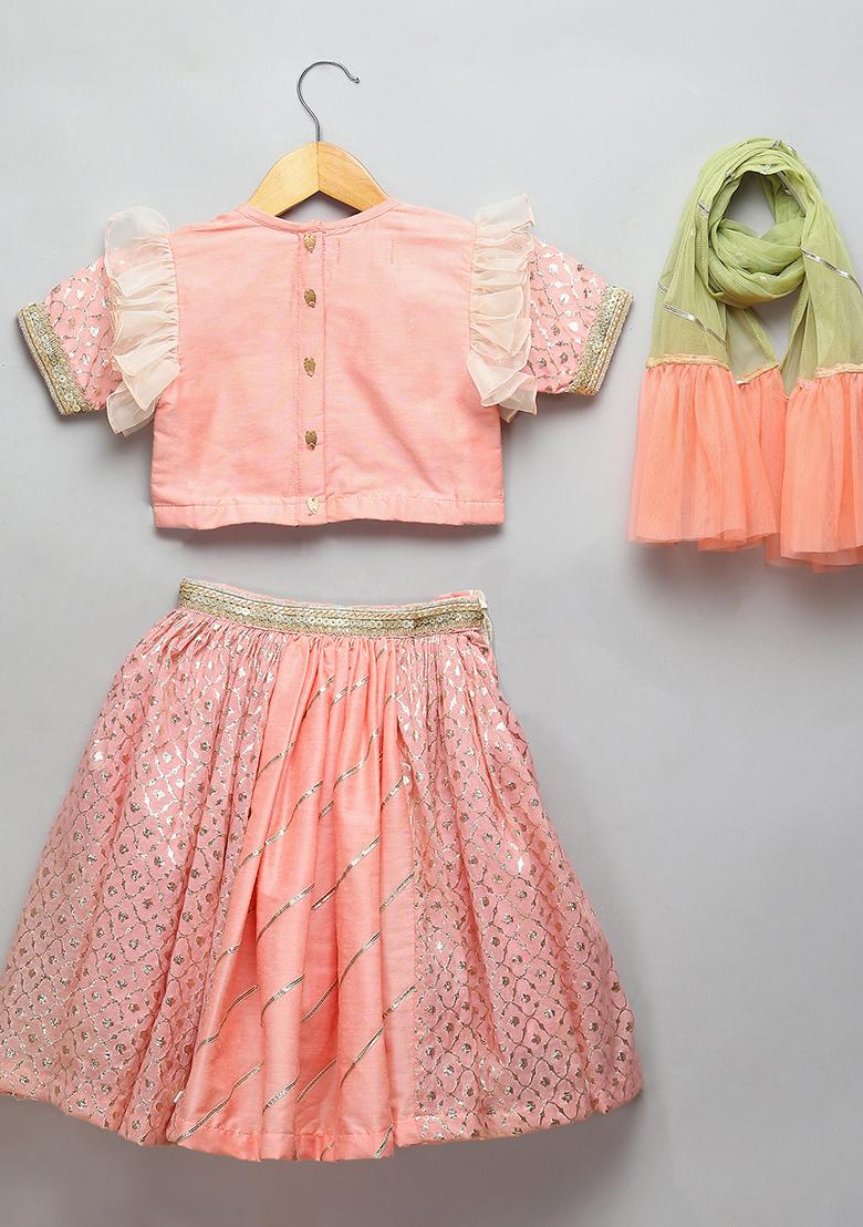 Peach Embroidered Organza Lehngas For Girls
