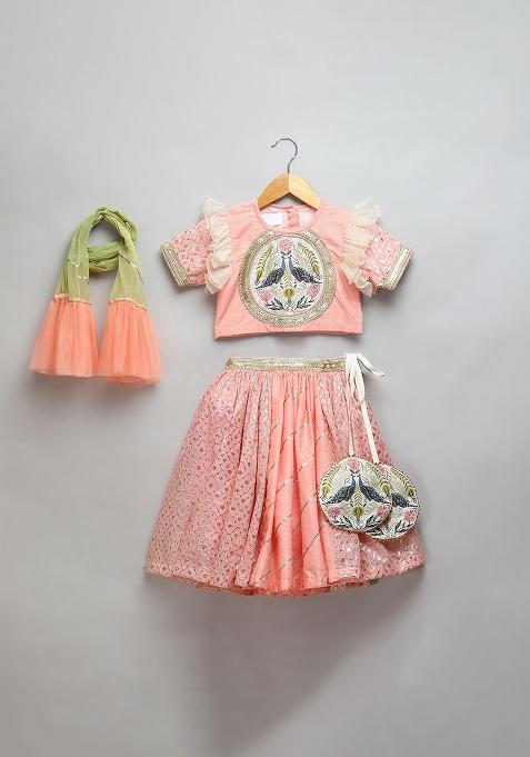 Peach Embroidered Organza Lehngas For Girls