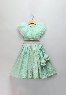 Green Embroidered Organza Lehngas For Girls