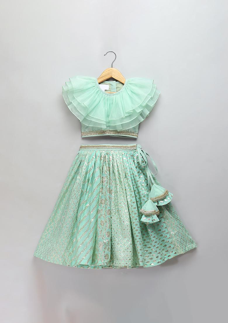 Green Embroidered Organza Lehngas For Girls