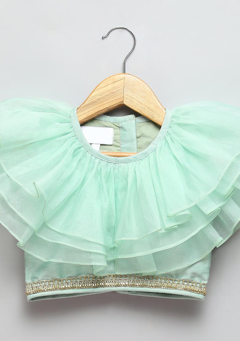 Green Embroidered Organza Lehngas For Girls