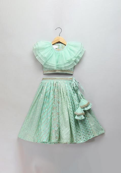 Green Embroidered Organza Lehngas For Girls