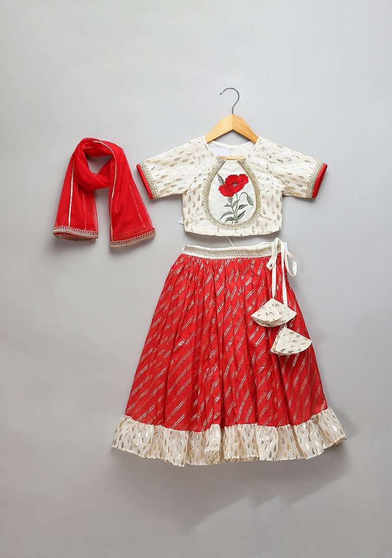 Off White Embroidered Cotton Lehngas For Girls - Indya