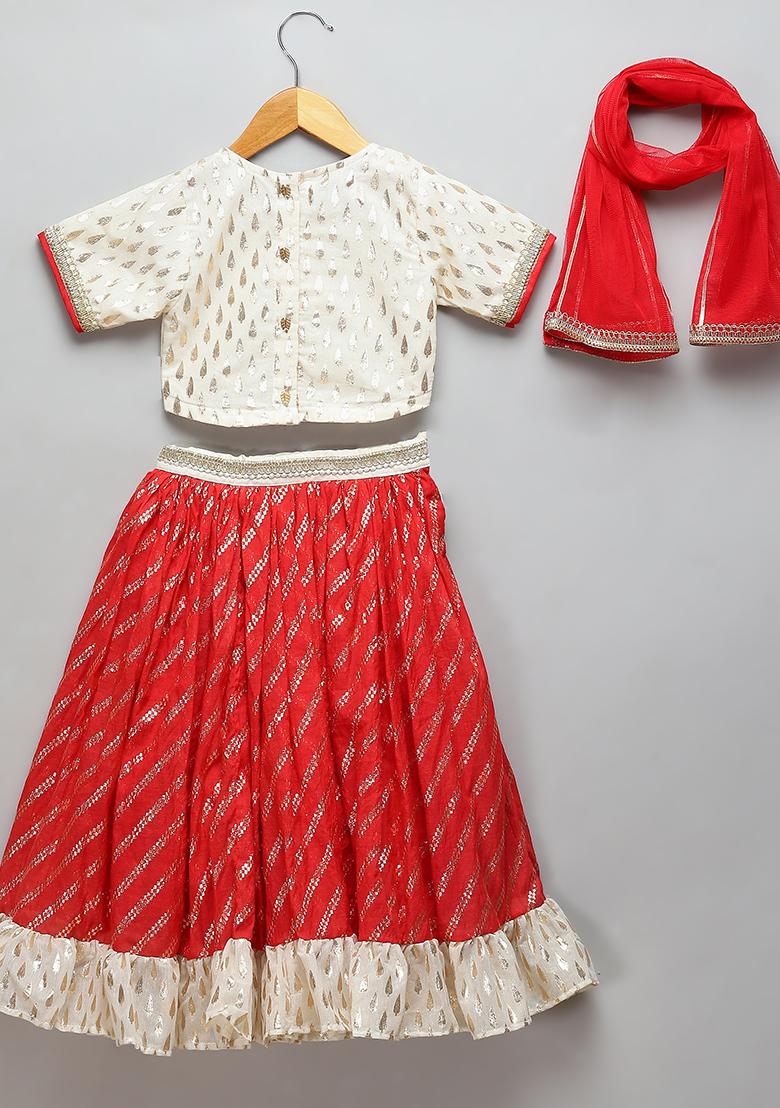 Off White Embroidered Cotton Lehngas For Girls