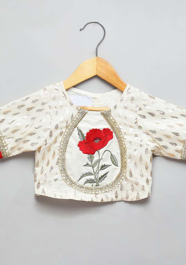 Off White Embroidered Cotton Lehngas For Girls - Indya