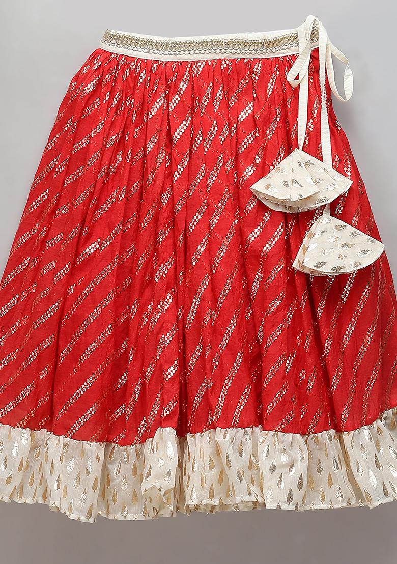 Off White Embroidered Cotton Lehngas For Girls